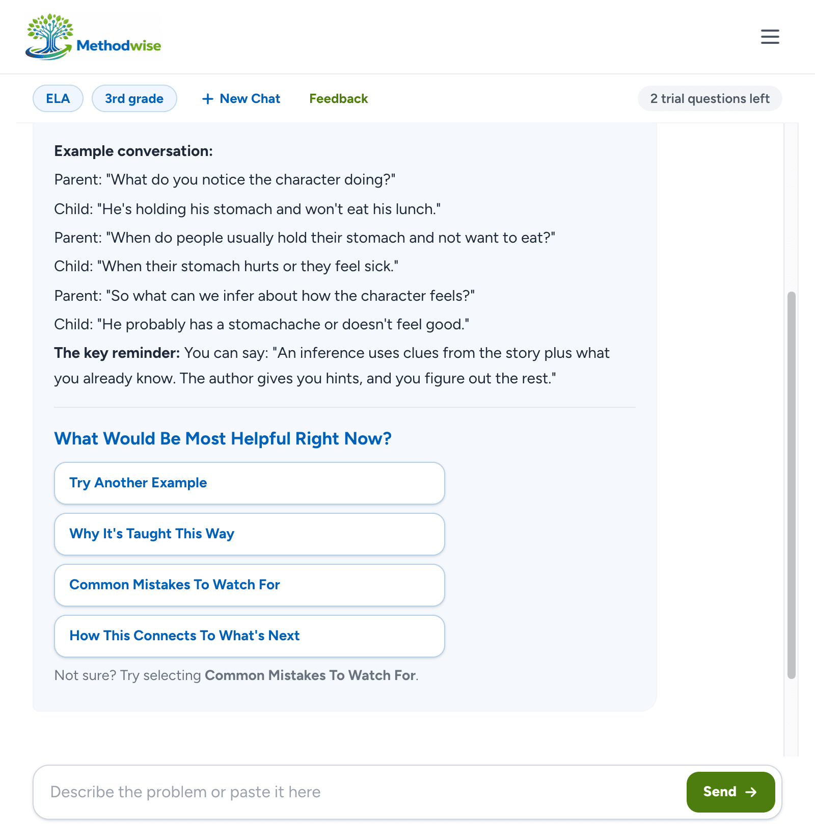Methodwise example parent and child conversation, a key reminder to say, and follow-up options