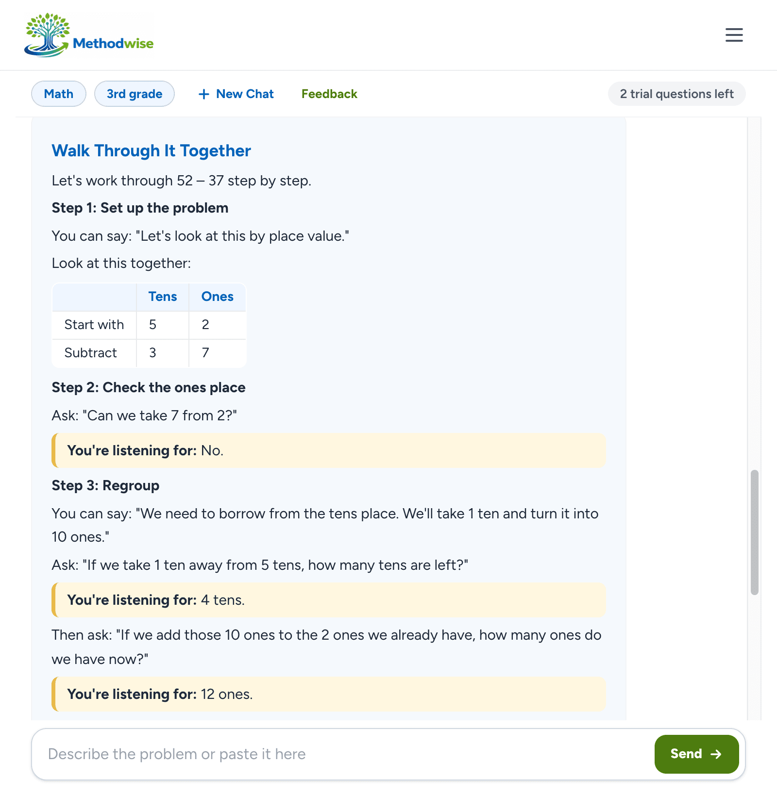 Methodwise step-by-step walkthrough with place value language